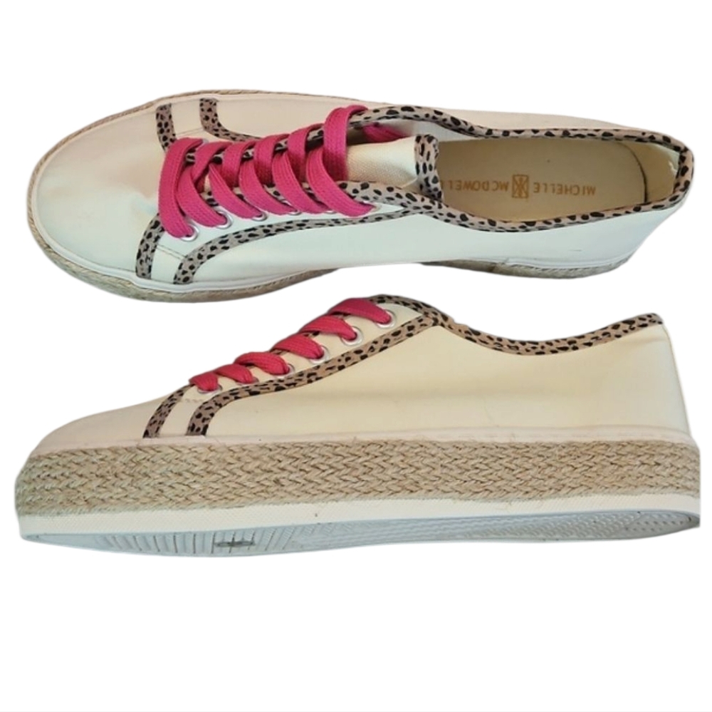 Michelle McDowell Cream Leopard Trim Braided Jute Womens Sneakers Sz 10 - Picture 2 of 11